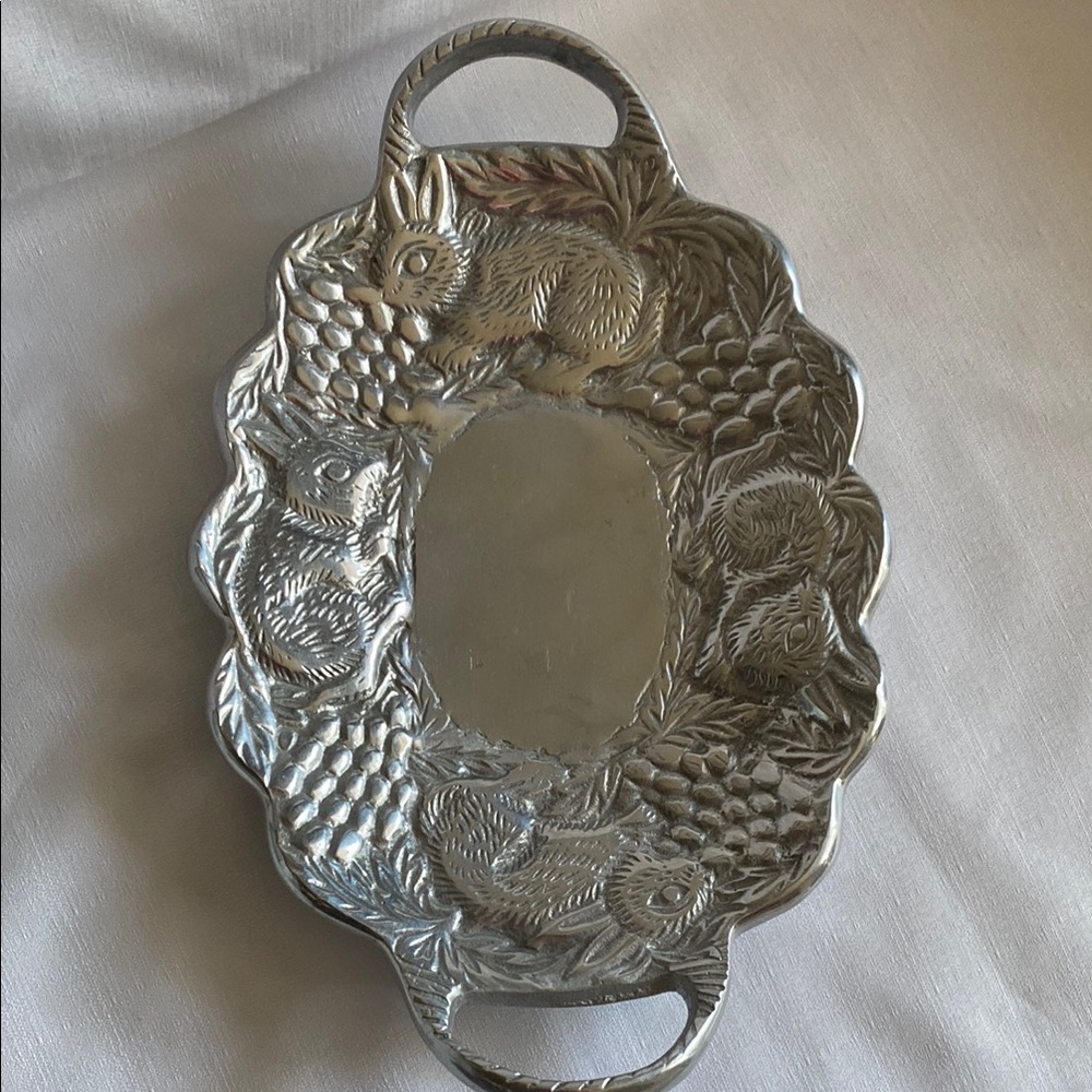 Silver Decorative Hammered Tray Rabbit Design Platter Handles Easter Holidays